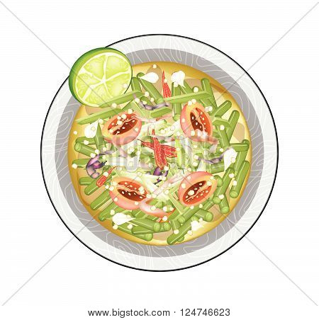 Cuisine and Food Plate of Chinese Long Beans Salad with Fermented Salted Crabs. One of The Most Popular Dish in Thailand.