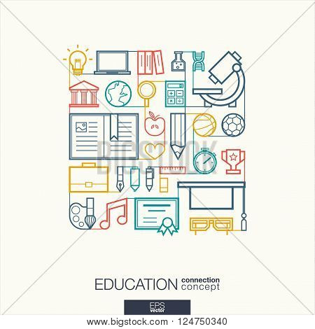 Education integrated thin line symbols. Modern linear style vector concept, with connected flat design icons. Abstract background illustration for elearning, knowledge, learn and global concepts.