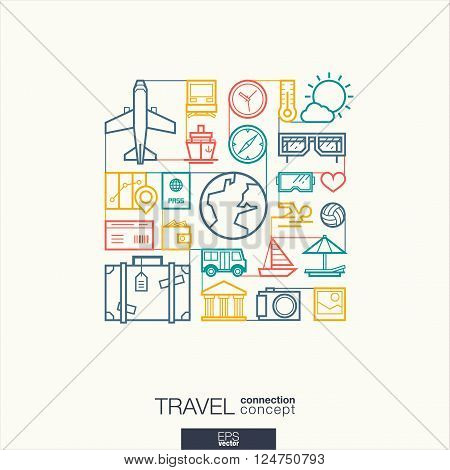 Travel integrated thin line symbols. Modern linear style vector concept, with connected flat design icons. Abstract background illustration for tourism, holiday, trip, summer, vacation concepts.