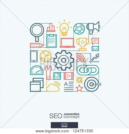 SEO integrated thin line symbols. Modern linear style vector concept, with connected flat design icons. Abstract background illustration for digital network, analytics, social media and market concept