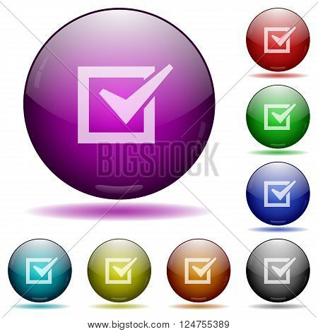 Set of color Checked box glass sphere buttons with shadows.