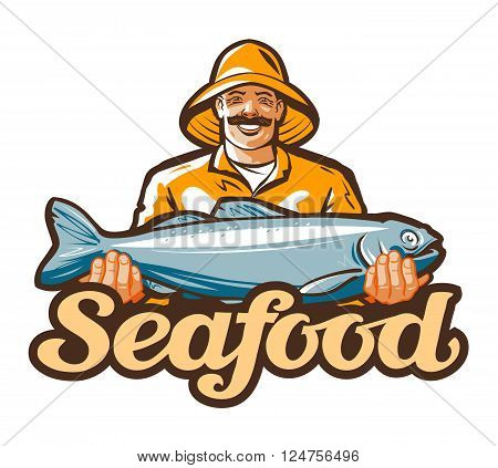 happy fisherman holding a big fish. vector illustration