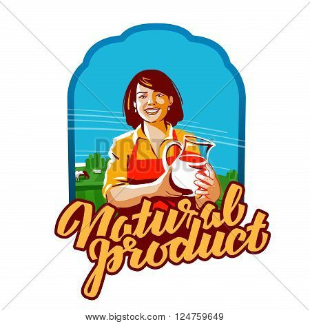 happy young girl holding a jug of fresh milk. vector illustration