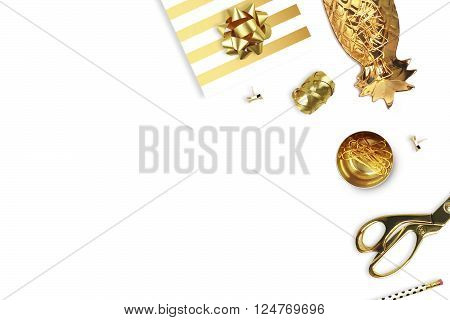 Flat lay. White background mockup. Woman accessories.Gold pineapple gold stapler pencil.Table view.