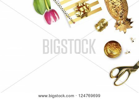 Tulip gold stapler pencil.Table view. Still life of fashion. Flat lay. White background mockup. Woman accessories.