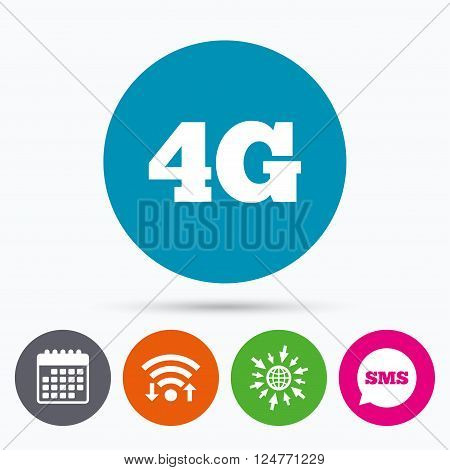 Wifi, Sms and calendar icons. 4G sign icon. Mobile telecommunications technology symbol. Go to web globe.