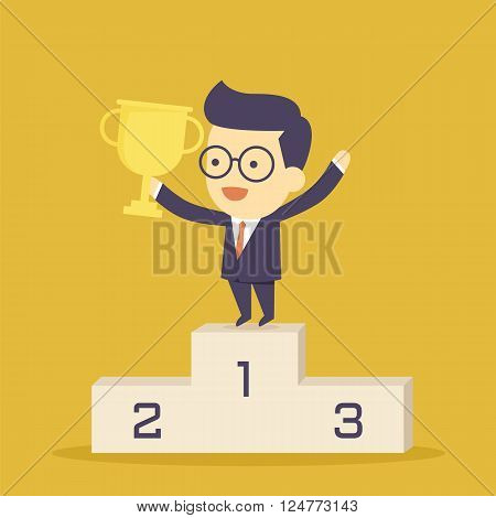 Winner businessman with winning trophy stand on a podium