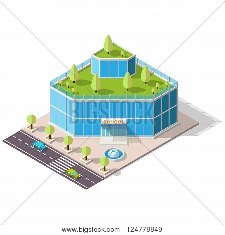 Vector isometric school or university building icon. Eco building with trees on the roof. High-tech architecture.