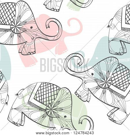 Hand drawn seamless pattern with cartoon elephant.