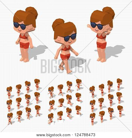 Girl in the bikini. 3D lowpoly isometric vector illustration. The set of objects isolated against the white background and shown from different sides