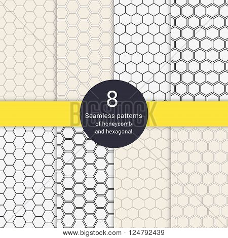 Set of 8 hexagonal honeycomb line style seamless patterns. Vector illustration.