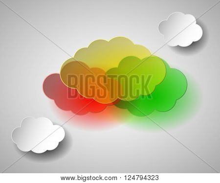 Multi colored plastic and white paper clouds illustration. Vector EPS 10.