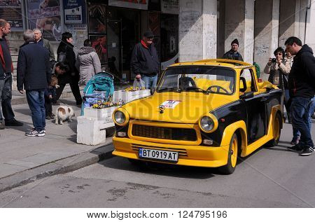 VELIKO TARNOVO, BULGARIA - MARCH 19, 2016: Convertible East German Trabant car in the street of the city