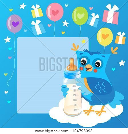 Cute Owlet With Milk Bottle. Welcome Baby Boy Card. Vector Illustration. Cute Owl Drawings. Cute Owl Cartoon.