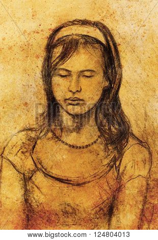 art drawing beautiful girl face and sepia background
