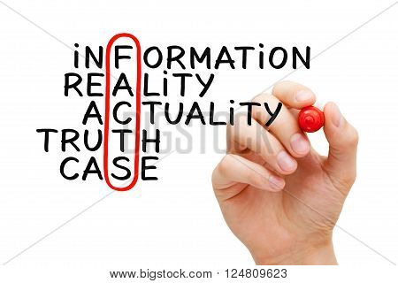 Hand writing Facts crossword concept with marker on transparent wipe board isolated on white.