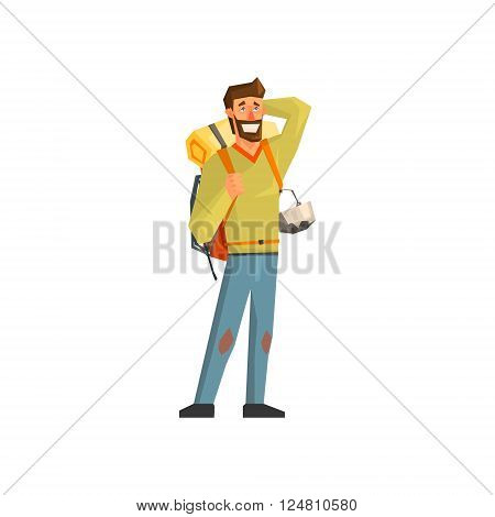 Male Bacpacker Tourist Flat Colorful Vector Illustration In Primitive Geometric Style Isolated On White Background