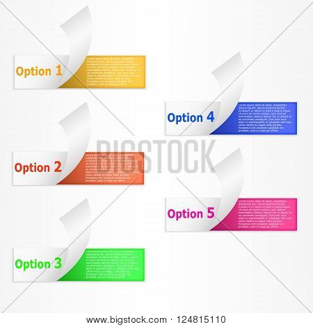 Infographics 5 options curled colorfull paper stripe banners with EPS 10 vector illustration