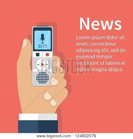 Journalist holds dictaphone recorder. Journalism concept . Live news template. Interview news reporter press isolated interviewer media paparazzi. Vector illustration. Flat design.