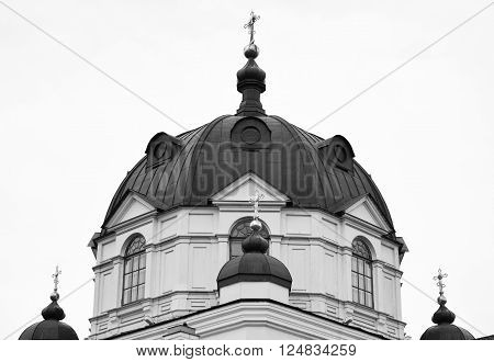 Church of St. Alexander Nevsky in Ust-Izhora town St.Petersburg suburb Russia. Black and white.
