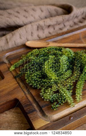 Sea Grapes (Caulerpa Lentillifera) seaweed on wooden table