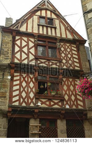 Saint-Brieuc (Cotes-d'Armor Brittany France): old typical half-timbered house with flowers
