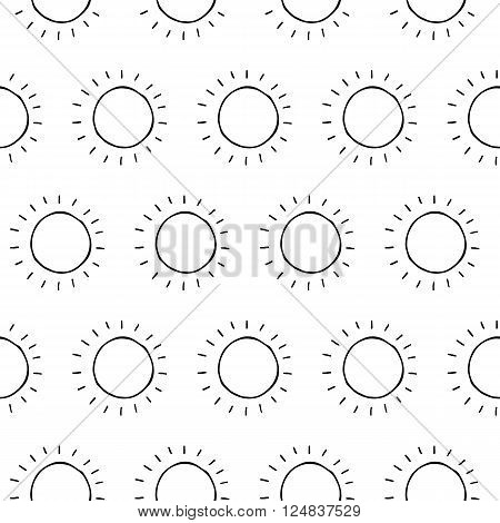 Cartoon sun pattern with hand drawn ink sun. Cute vector black and white sun pattern. Seamless monochrome doodle sun pattern for fabric, wallpapers, wrapping paper, cards and web backgrounds.