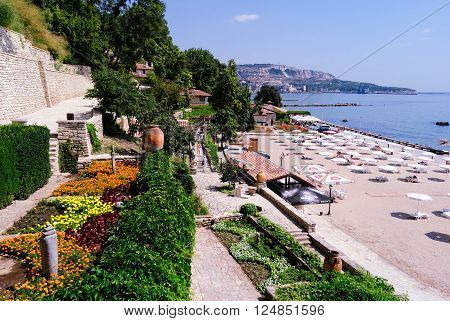 BALCHIK, BULGARIA - AUGUST 24, 2011: View of the Beach from the Botanical Garden in the Residence of the Romanian Queen Maria on August 24, 2011 in Seaside Resort of Balchik, Bulgaria.