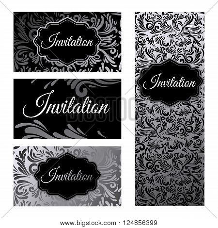 Set invitations templates business cards. The concept of silver foil print on white and black background. Vector abstract illustration.