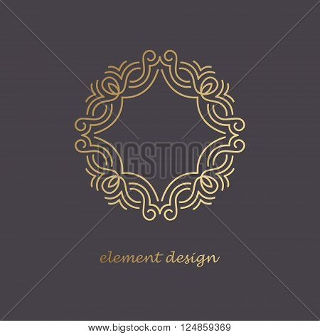 Vector design element. Template for creating logo icon symbol emblem monogram frame. Linear trend style. Illustration gold pattern on black background. Concept of unusual abstract luxury logo.