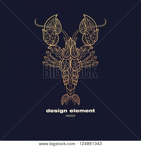 Vector design element - lobster. Icon decorative cancer isolated on black background. Modern decorative illustration animal. Template for logo emblem sign poster. Concept of gold foil print.