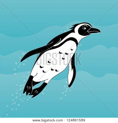 Vector illustration of cute cartoon african penguin swimming in the sea.