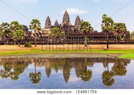 Angkor Wat and relfection on the lake in Siem Reap Cambodia