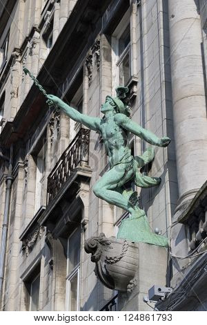 Belgium,Antwerp, March 17, 2016, Statue designed by Jef lambeaux on the Hansahuis on the Suikerrui 