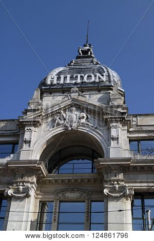 Belgium,Antwerp, March 17, 2016,Facade of the Hilton hotel on the Groenplaats 