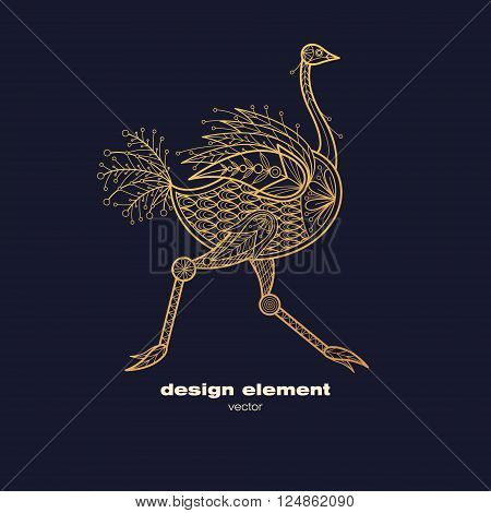 Vector design element - ostrich. Icon decorative animal isolated on black background. Modern decorative illustration bird. Template for creating logo emblem sign poster. Concept of gold foil print.