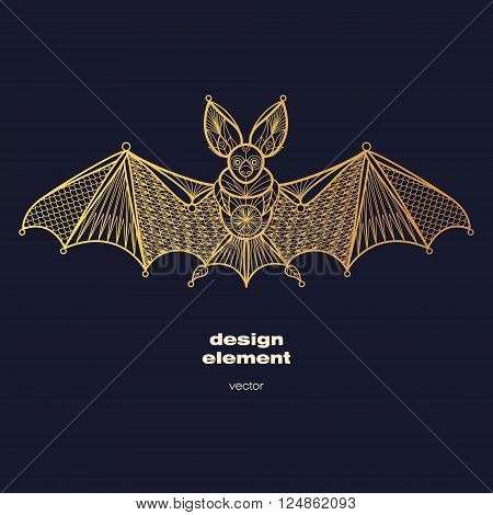 Vector design element - bat. Icon decorative animal isolated on black background. Modern decorative illustration animal. Template for creating logo emblem sign poster. Concept of gold foil print.