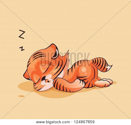 Vector Stock Illustration isolated Emoji character cartoon Tiger cub sleeps on the stomach sticker emoticon for site, infographics, video, animation, websites, e-mails, newsletters, reports, comics