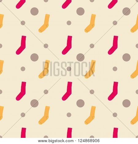 Seamless pattern of yellow and red socks with dark circles on beige background