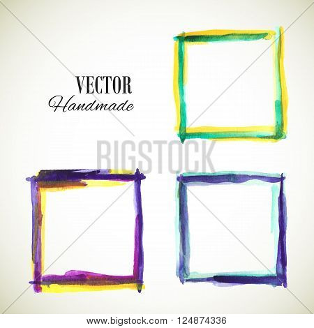Vector watercolor handmade frame. Vector mark. Vector colorful vintage frame. Watercolor frame. Hand drawn label. Vector violet blue template. Vector texture frame.