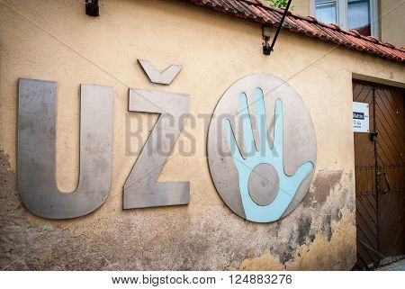 VILNIUS, LITHUANIA - JULY 15: Uzupis republic sign Vilnius Lithuania. Uzupis is autonomous artistic commnunity. July 2015