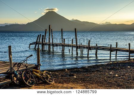 San Pedro volcano at sunset on Lake Atitlan Guatemala