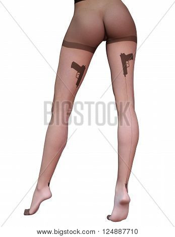 Sexy slim female legs in transparent nylon stockings. Conceptual fashion art. Tights with guns, bullets and trajectory line. Seductive candid pose. 3D render, photorealistic image.