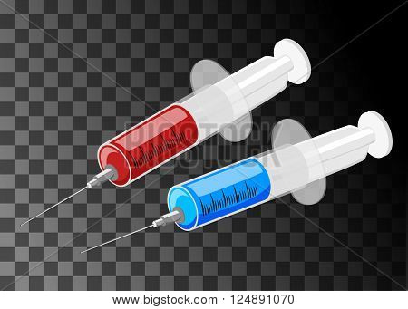 Isometric vector syringe with drop red blood liquid isolated.