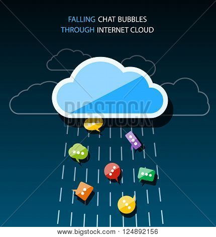 Many colorful speech and chat bubbles falling through virtual internet cloud. Internet communication concept. Flat design. All layers editable. Vector EPS 10.