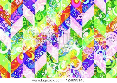 Geometric abstract pattern with Zentangle style floral ornament. Vector summer illustration.