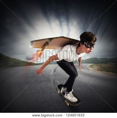 Boy goes on skate with cardboard wings