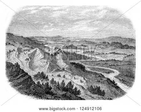 The Valley of the Alpheus River, Elis, Greece, vintage engraved illustration. Magasin Pittoresque 1861.