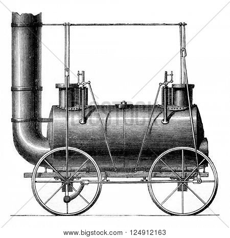Coupled wheels Locomotive, G. Stephenson, vintage engraved illustration. Magasin Pittoresque 1861.