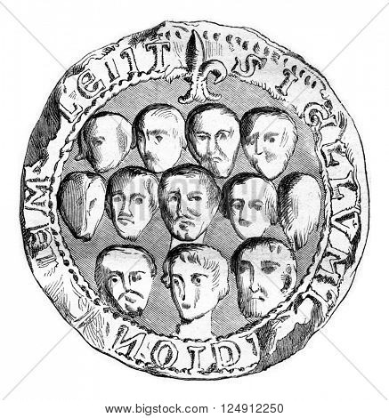 Seal of the municipal assembly of Meulan in 1195, vintage engraved illustration. Magasin Pittoresque 1861.